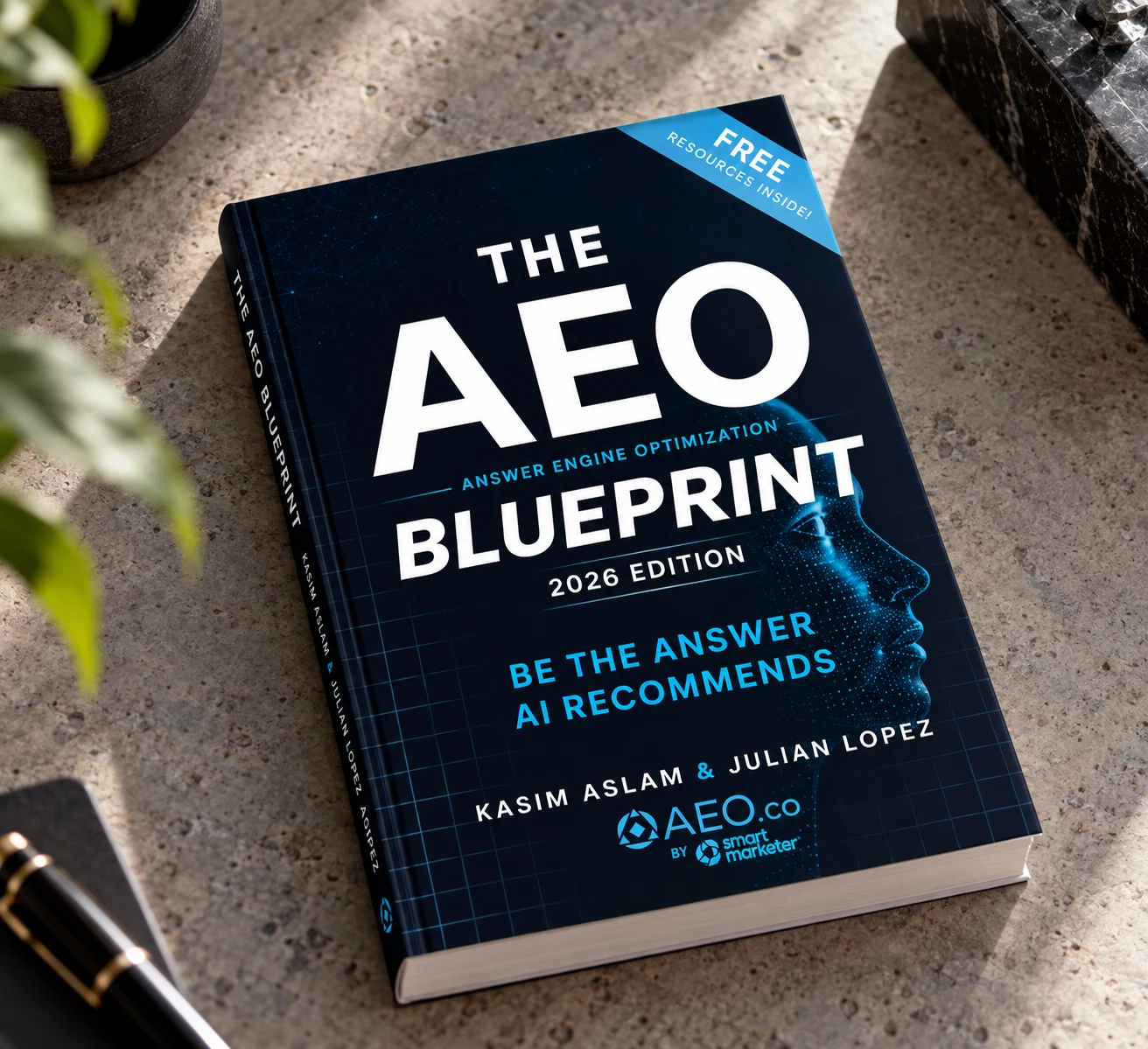 The AEO Blueprint, 2026 edition, on a stone tabletop with its cover fully visible
