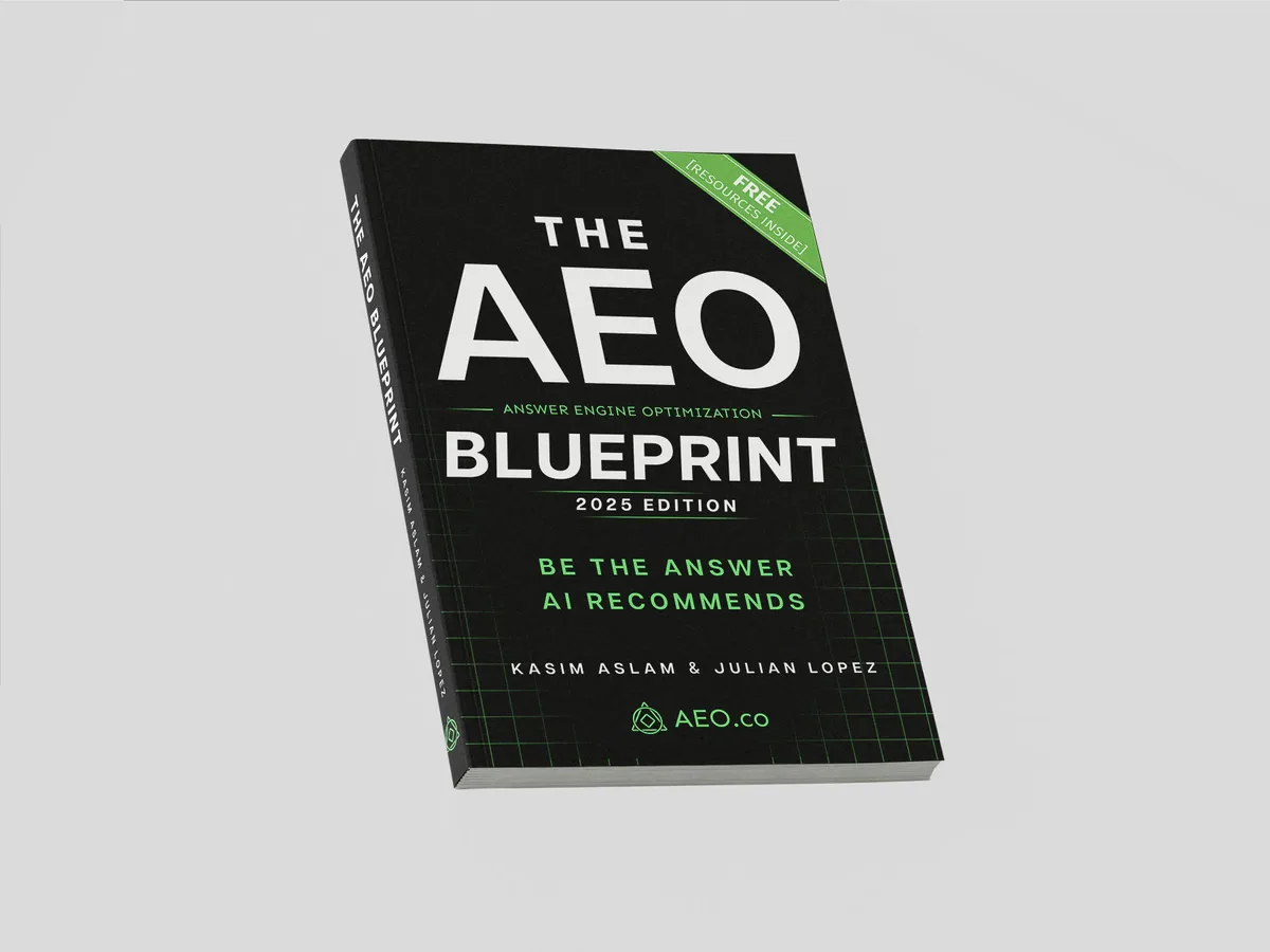 The AEO Blueprint book cover — Be the Answer AI Recommends, by Kasim Aslam and Julian Lopez